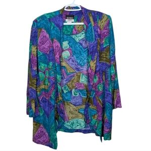 Vintage Suzannah James Grandma Open Front Patterned Cardigan Blouse Women 16 80s